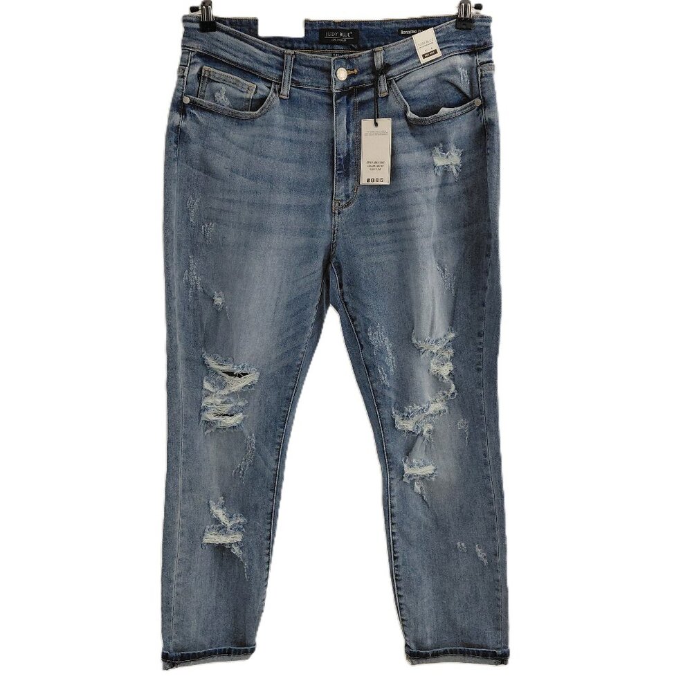 Judy Blue Mid-Rise Distressed Jeans Size 14W Boyfriend Fit Blue 28.5" Inseam
